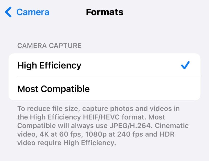 Screenshot of iOS Camera Format Settings