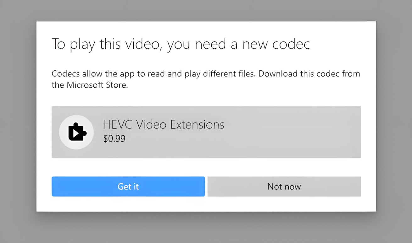 Screenshot of Microsoft Store asking for payment to install HEVC Video Extensions